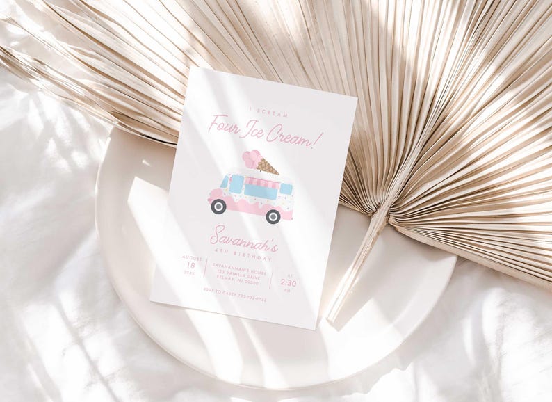 Savannah's 'I Scream, Four Ice Cream!' 4th birthday invitation displayed on a white plate beside a dried palm frond, styled as a lifestyle photo.