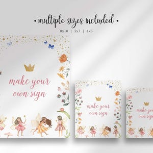 Three different sizes of the fairy party sign displayed side by side against a light backdrop to show scale.