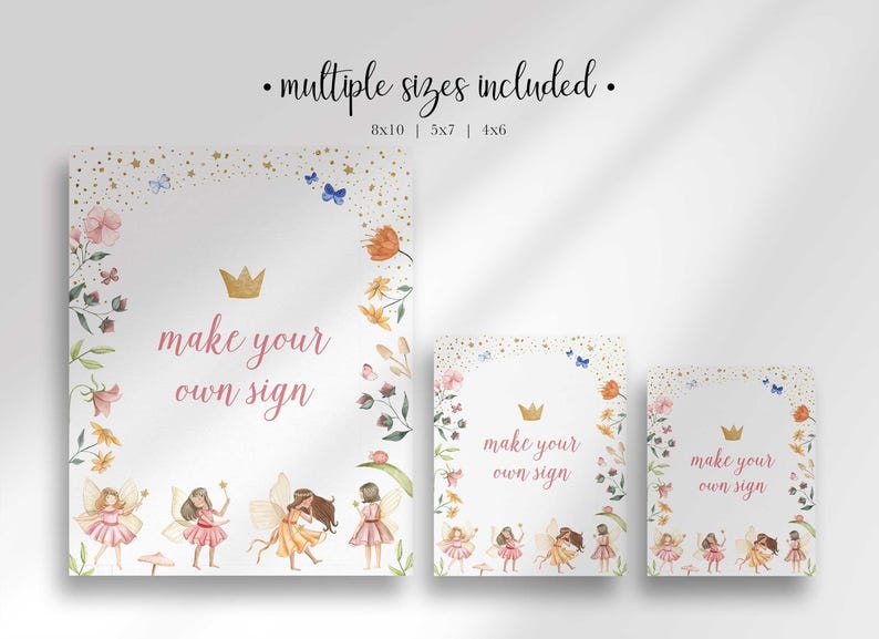 Three different sizes of the fairy party sign displayed side by side against a light backdrop to show scale.