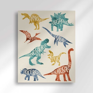 May include: A watercolor illustration of different dinosaurs with their names written inside their silhouettes. The dinosaurs are in various colors, including blue, green, red, and yellow. The background is a light beige.