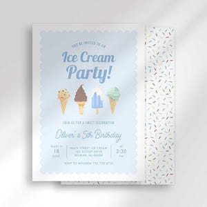 Light blue ice cream themed birthday invitation with a scalloped border, illustrations of four ice cream cones and popsicles, text reading "You're invited to an Ice Cream Party! Join us for a sweet celebration" and party details for Oliver's 5th birthday, with a coordinating pastel sprinkle-pattern back visible behind it.