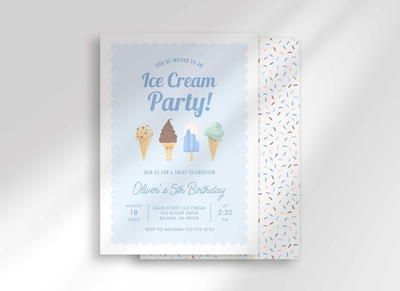 Light blue ice cream themed birthday invitation with a scalloped border, illustrations of four ice cream cones and popsicles, text reading "You're invited to an Ice Cream Party! Join us for a sweet celebration" and party details for Oliver's 5th birthday, with a coordinating pastel sprinkle-pattern back visible behind it.