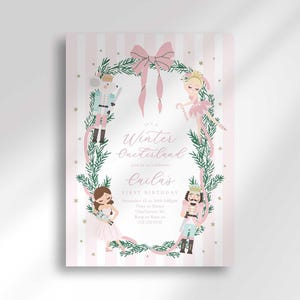 Winter Onederland Nutcracker 1st Birthday Invitation Pink Stripe Bow Holiday