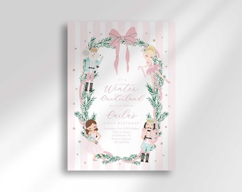 Winter Onederland Nutcracker 1st Birthday Invitation Pink Stripe Bow Holiday