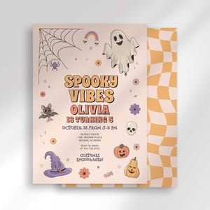Retro-style Halloween birthday invitation 'Spooky Vibes' for Olivia turning 5, with a ghost, spiderweb, bat, witch hat, and jack-o'-lanterns in orange, pink, and purple, layered with a card showing an orange checkered back design.