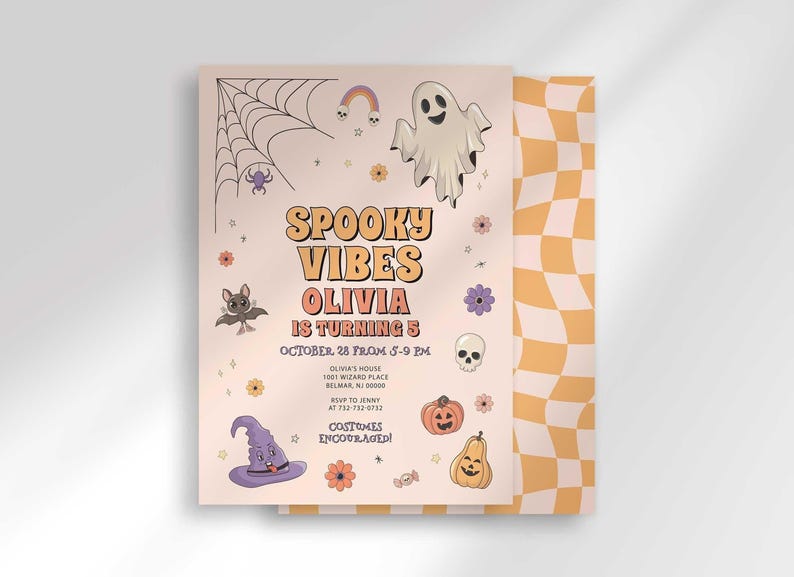 Retro-style Halloween birthday invitation 'Spooky Vibes' for Olivia turning 5, with a ghost, spiderweb, bat, witch hat, and jack-o'-lanterns in orange, pink, and purple, layered with a card showing an orange checkered back design.