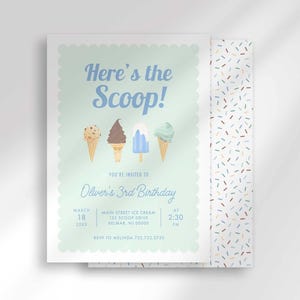 Mint green ice cream themed birthday invitation with a scalloped border, illustrations of four ice cream cones and popsicles, bold text reading "Here's the Scoop!" and party details for Oliver's 3rd birthday, with a coordinating pastel sprinkle-pattern back visible behind it.