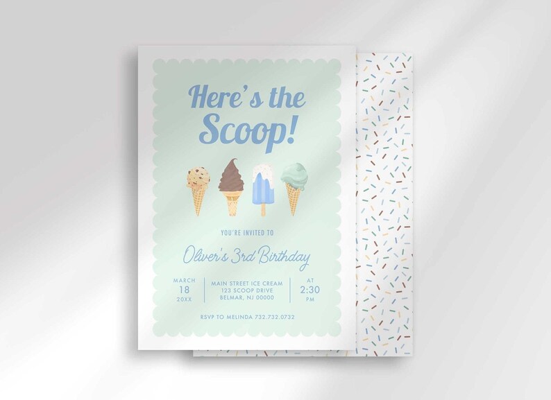 Mint green ice cream themed birthday invitation with a scalloped border, illustrations of four ice cream cones and popsicles, bold text reading "Here's the Scoop!" and party details for Oliver's 3rd birthday, with a coordinating pastel sprinkle-pattern back visible behind it.