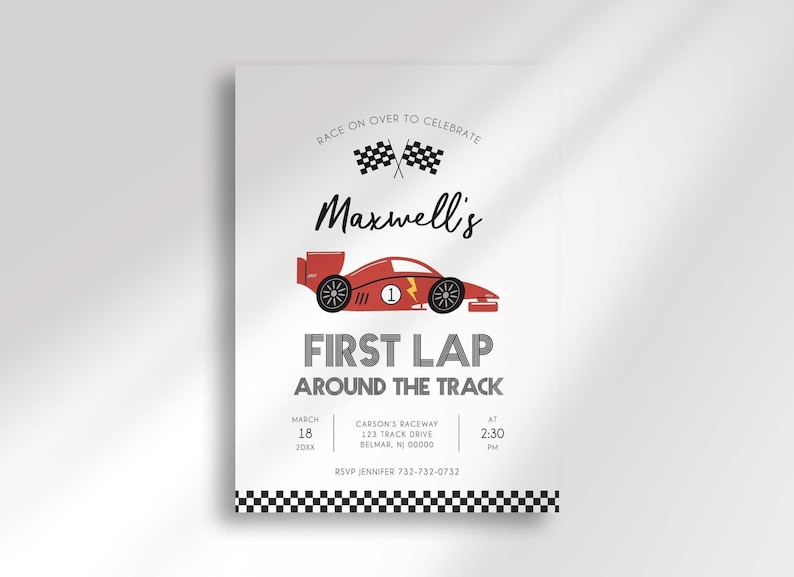 Race car-themed first birthday invitation with an illustrated red race car and checkered flags, reading "Race on over to celebrate Maxwell's First Lap Around the Track" with the party date, time, and location, and a checkered flag border along the bottom.