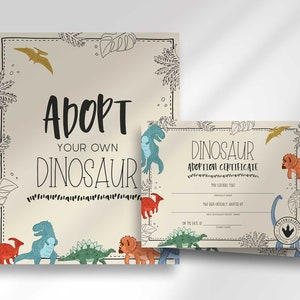 Dinosaur Birthday Adopt a Dinosaur Sign and Adoption Certificate | 8x10 Party Sign | Digital Download | Printable DIY