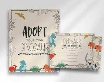 Dinosaur Birthday Adopt a Dinosaur Sign and Adoption Certificate | 8x10 Party Sign | Digital Download | Printable DIY