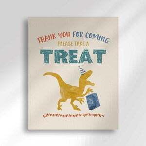 'Thank You For Coming Please Take a Treat' favor sign featuring a yellow raptor illustration wearing a party hat and holding a blue gift box.