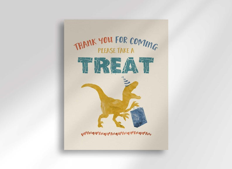 'Thank You For Coming Please Take a Treat' favor sign featuring a yellow raptor illustration wearing a party hat and holding a blue gift box.