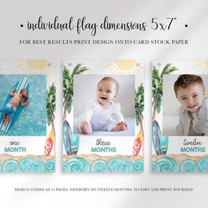 Three surf-themed photo cards with text above stating individual flag dimensions of 5 by 7 inches.