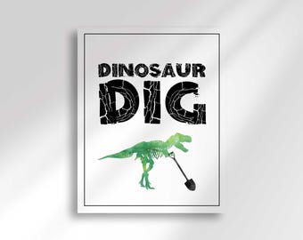Letrero de fiesta de cumpleaños de dinosaurios con diseño de excavación de fósiles, tamaño 8x10, imprimible al instante (descarga digital).