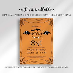 An explainer graphic showing that all text on Mason's Halloween-themed 'Spooky One' first birthday invitation is editable, including changing wording, adding or deleting text, and changing the font style.