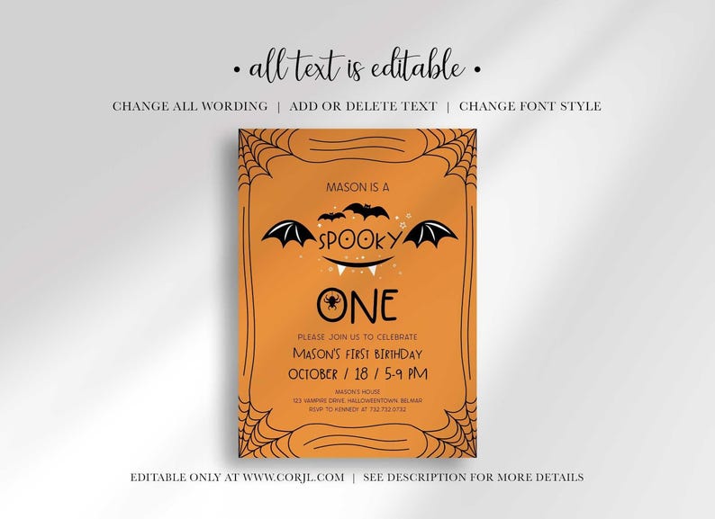 An explainer graphic showing that all text on Mason's Halloween-themed 'Spooky One' first birthday invitation is editable, including changing wording, adding or deleting text, and changing the font style.