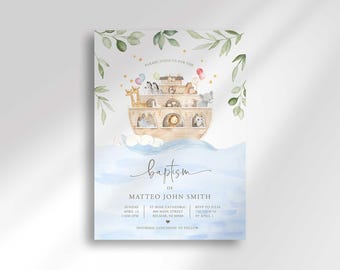 Könnte beinhalten: Aquarell-Taufkarte mit der Arche Noah, verschiedenen Tieren, Luftballons und Blättern. Die Einladung enthält den Text "Taufe" und Details für die Taufe von Matteo John Smith, einschließlich Datum, Uhrzeit, Ort und RSVP-Informationen.