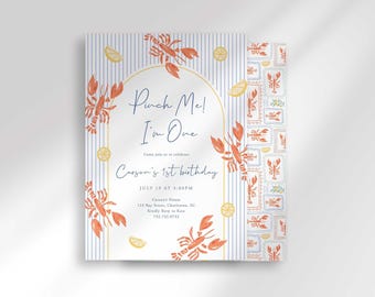 Pinch Me I'm One Lobster First Birthday Invitation, Preppy Stripes Seafood Party (Digital Download)