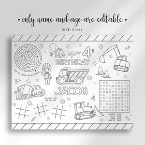 A black and white printable construction coloring sheet with text above stating only name and age are editable.