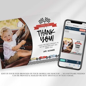 An explainer graphic reading "edit in your web browser on your mobile or desktop, no software needed, can be printed & mailed or sent digitally in text/email" with Alexander's thank you card shown on a smartphone screen.