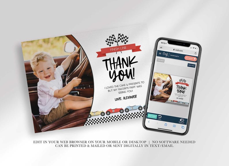 An explainer graphic reading "edit in your web browser on your mobile or desktop, no software needed, can be printed & mailed or sent digitally in text/email" with Alexander's thank you card shown on a smartphone screen.