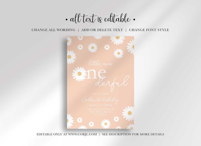 Graphic explaining that all text on the invitation is editable, with options to change wording, add or delete text, and change font style, noting it is editable only at Corjl.com.