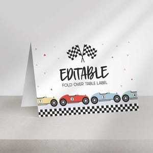 A single folded table label featuring vintage race cars and checkered flags with the text EDITABLE FOLD OVER TABLE LABEL.