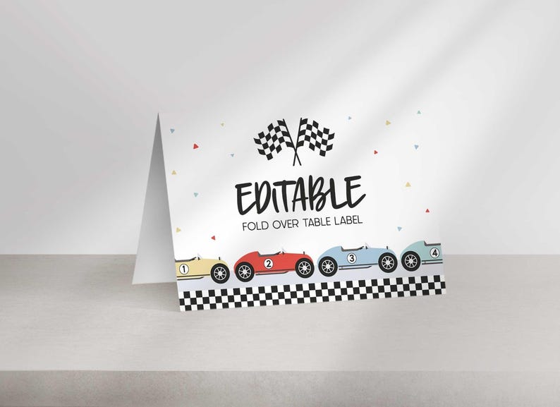 A single folded table label featuring vintage race cars and checkered flags with the text EDITABLE FOLD OVER TABLE LABEL.