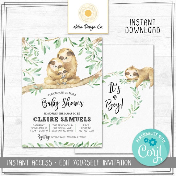 NEW! Sloth Baby Shower Invitation | Family | Joint Shower | Watercolor Greenery | Edit Yourself at Corjl | Printable DIY Il_570xn
