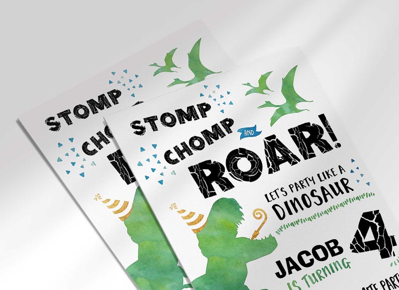 An angled close-up view of Jacob's dinosaur-themed birthday invitation, showing the 'Stomp Chomp Roar!' title and green dinosaur illustration.