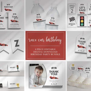 Collage overview of an 8-piece race car themed party bundle in red, black, and white checkered flag colors: invitations for multiple ages, water bottle labels, party signs, a pennant banner, thank you cards, food tent cards, and cupcake toppers, with a center card reading "Race car birthday, 8 piece editable digital download birthday party bundle."