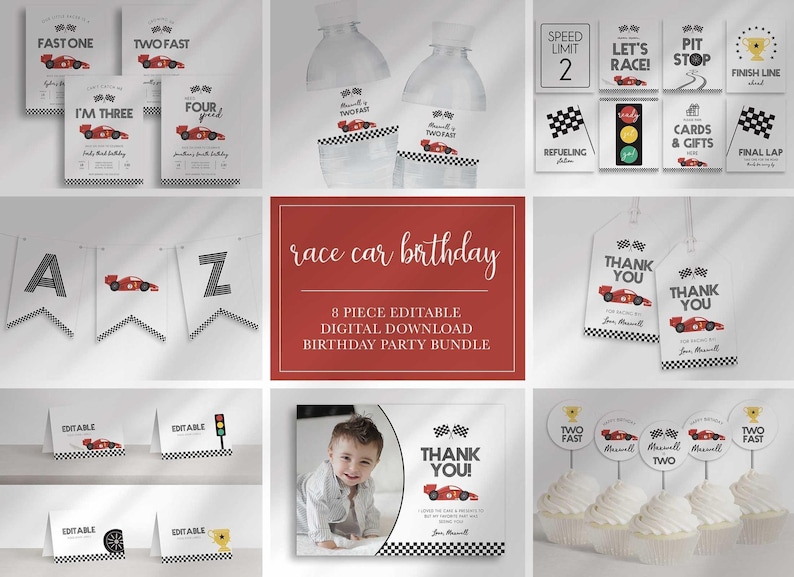 Collage overview of an 8-piece race car themed party bundle in red, black, and white checkered flag colors: invitations for multiple ages, water bottle labels, party signs, a pennant banner, thank you cards, food tent cards, and cupcake toppers, with a center card reading "Race car birthday, 8 piece editable digital download birthday party bundle."