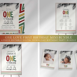 One and Loved 1st Birthday Invitation Bundle, Reggae Birthday Decor, One Love First Birthday Invite, Island Birthday Theme, Instant Download