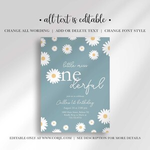 Graphic explaining that all text on the invitation is editable, with options to change wording, add or delete text, and change font style, noting it is editable only at Corjl.com.
