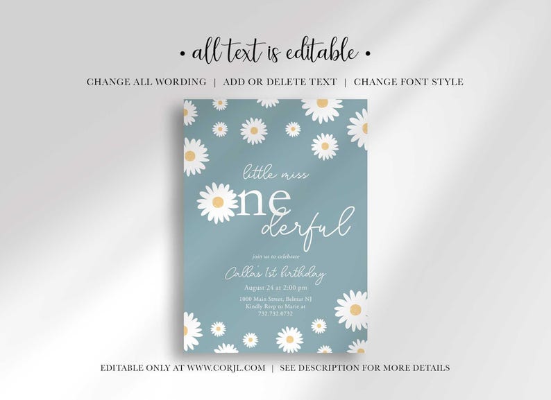 Graphic explaining that all text on the invitation is editable, with options to change wording, add or delete text, and change font style, noting it is editable only at Corjl.com.