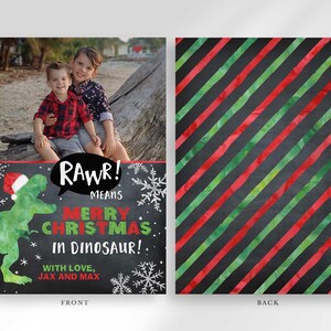 A Christmas card layout displaying the front with a dinosaur graphic and photo, alongside a striped back design.