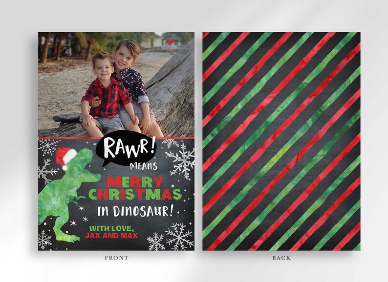A Christmas card layout displaying the front with a dinosaur graphic and photo, alongside a striped back design.