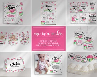 Editable Pink Watermelon First Birthday Party Bundle | One in a Melon | Sweet to Be One | Watermelon Invitation |  Printable DIY