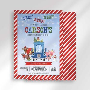 Carson's winter truck-themed birthday invitation layered in front of a matching card showing a red diagonal-stripe back design.