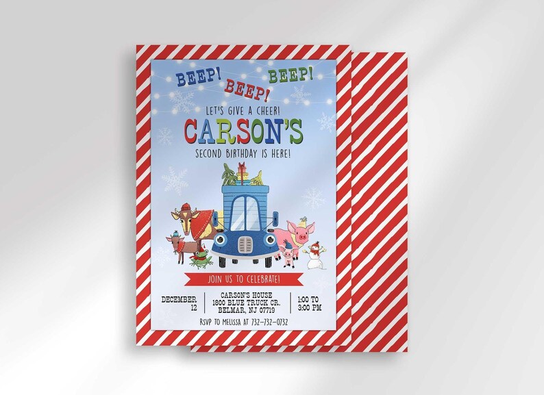 Carson's winter truck-themed birthday invitation layered in front of a matching card showing a red diagonal-stripe back design.