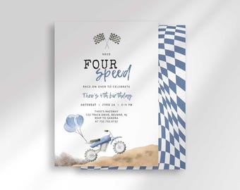 Dirt Bike 4th Birthday Invitation, for Fast Furious Motocross Racers