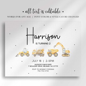Construction truck birthday invitation with a banner noting all text is editable and works for any age, with font color and style changeable.