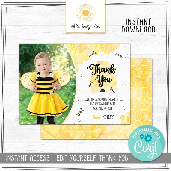 Bumblebee Thank You Card | Edit Yourself Instant Download | Sweet to Bee One | Bee Day Party | Photo Thank You | Digital Download Il_570xn