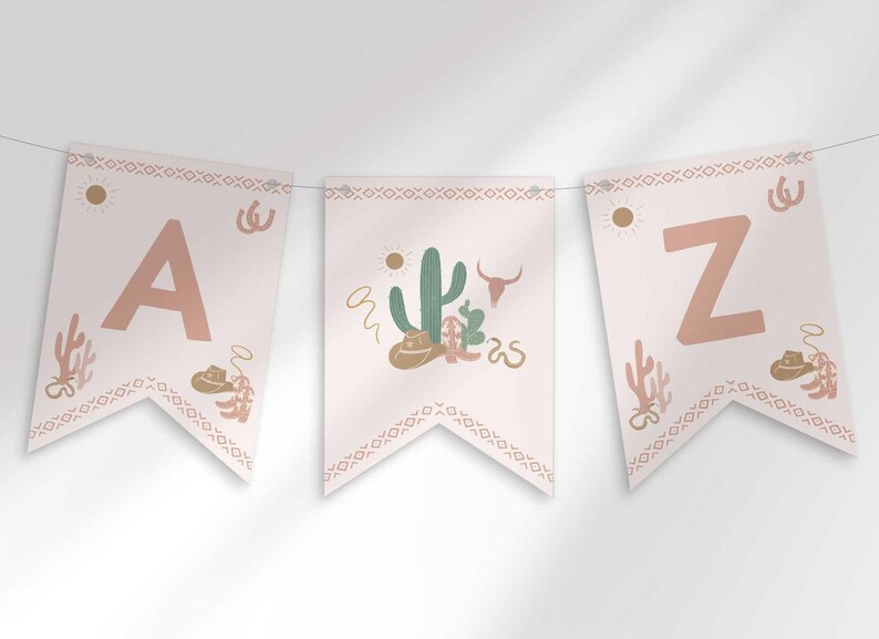 Editable western cactus-themed alphabet and number pennant flag banner strung on twine, with illustrated cacti, cowboy hats, and cow skulls, and an aztec-pattern border.