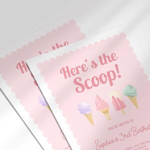 Close-up angled shot of two overlapping printed invitations, highlighting the scalloped border and ice cream cone illustrations.