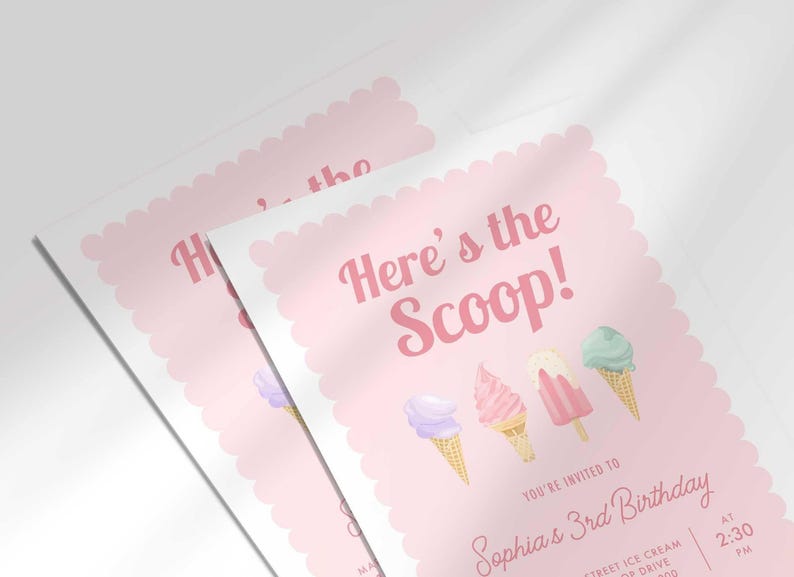 Close-up angled shot of two overlapping printed invitations, highlighting the scalloped border and ice cream cone illustrations.