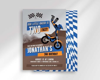 Plantilla de invitación de cumpleaños número 2 con temática de motos de cross rápidas (editable en Corjl.com) (descarga digital)