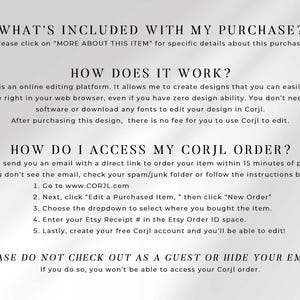 FAQ text block explaining what's included with purchase, how the Corjl online editing platform works, and step-by-step instructions for accessing the order after purchase, with a note not to check out as a guest.