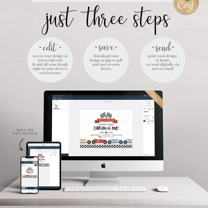 Graphic explaining the three steps to use the Corjl template: edit online, save as JPG or PDF, and send or print, shown alongside a computer and phone mockup of the design.
